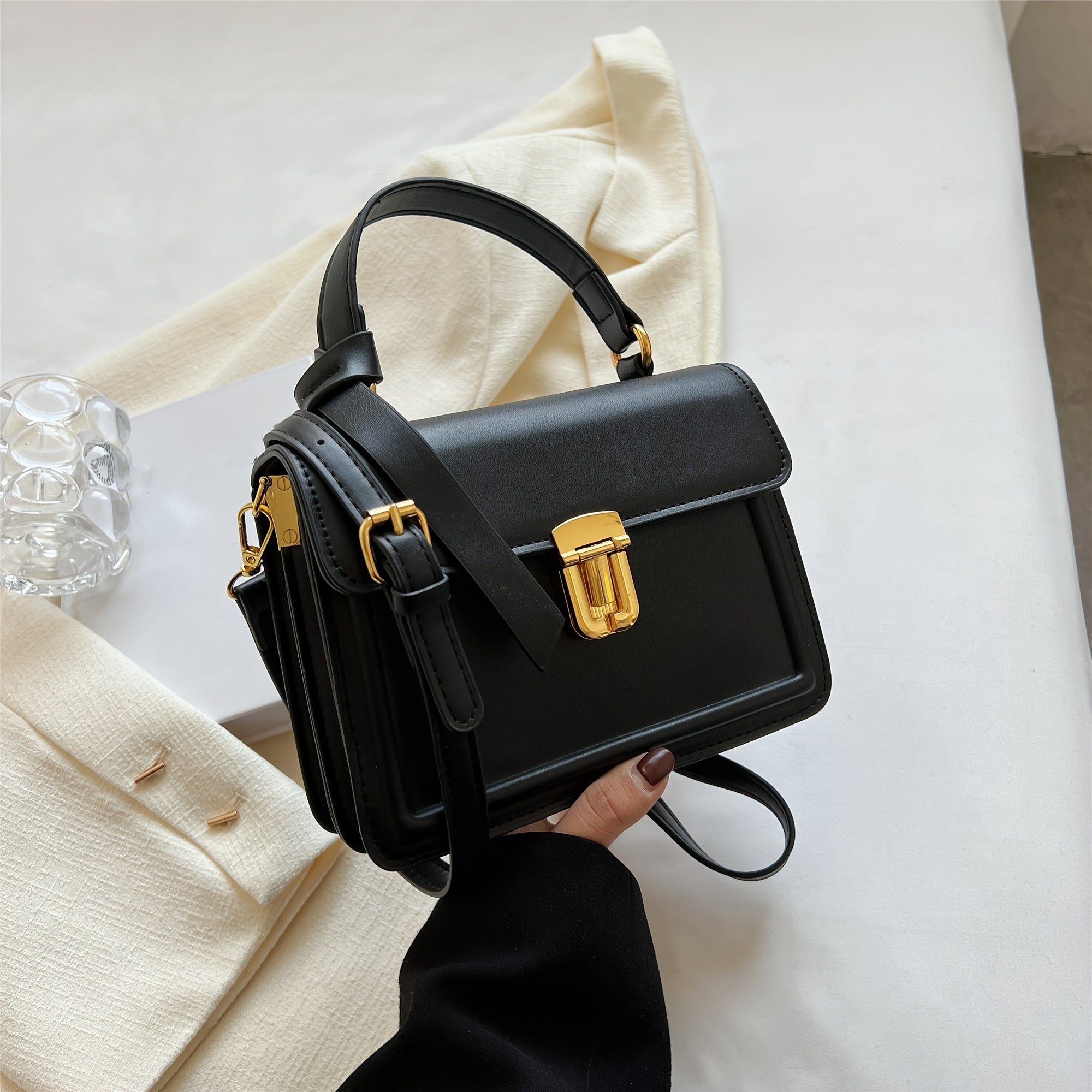 Junior Fastener Decor Handbag, Trendy Square Crossbody Bag, Faux Leather Flap Purse For Women (7.9*5.93*3.16) Inch