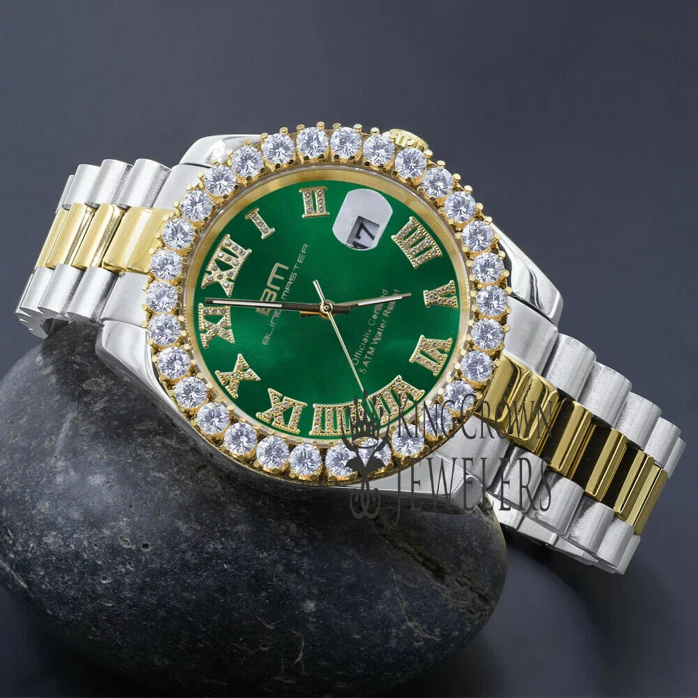 Mens Roman Numbers Face Green Dial Full Stainless Steel 18k 2 Tone Gold Diamond Watch 42mm