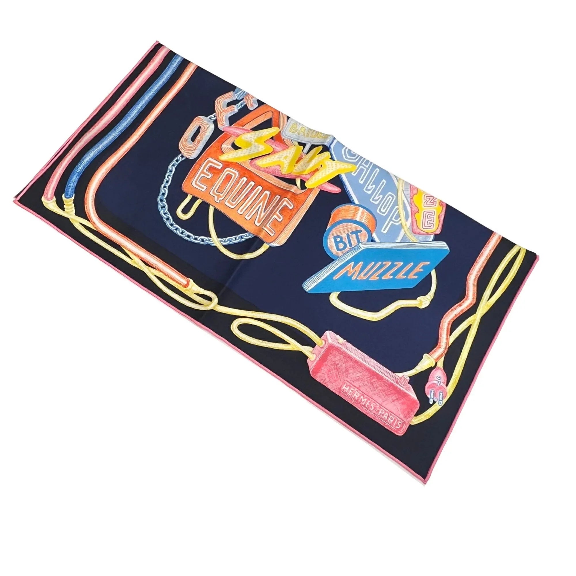 Pre-Owned Hermes HERMES Carre 45 Chevaloscope Neon Pointill 23SS Scarf Mini New Silk Ladies Marine Rose Jaune Horse (Like New)