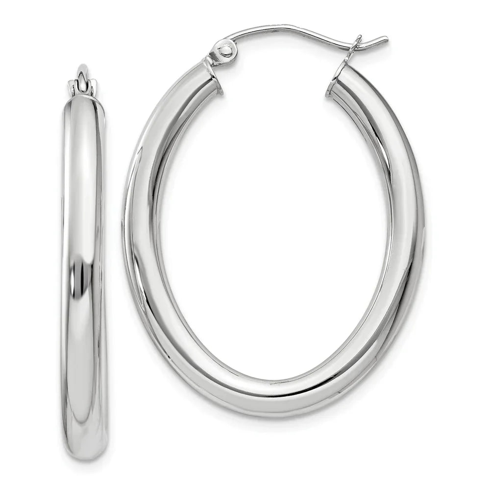 Real 14kt White Gold Polished 3.5mm Oval Tube Hoop Earrings; for Adults and Teens; for Women and Men