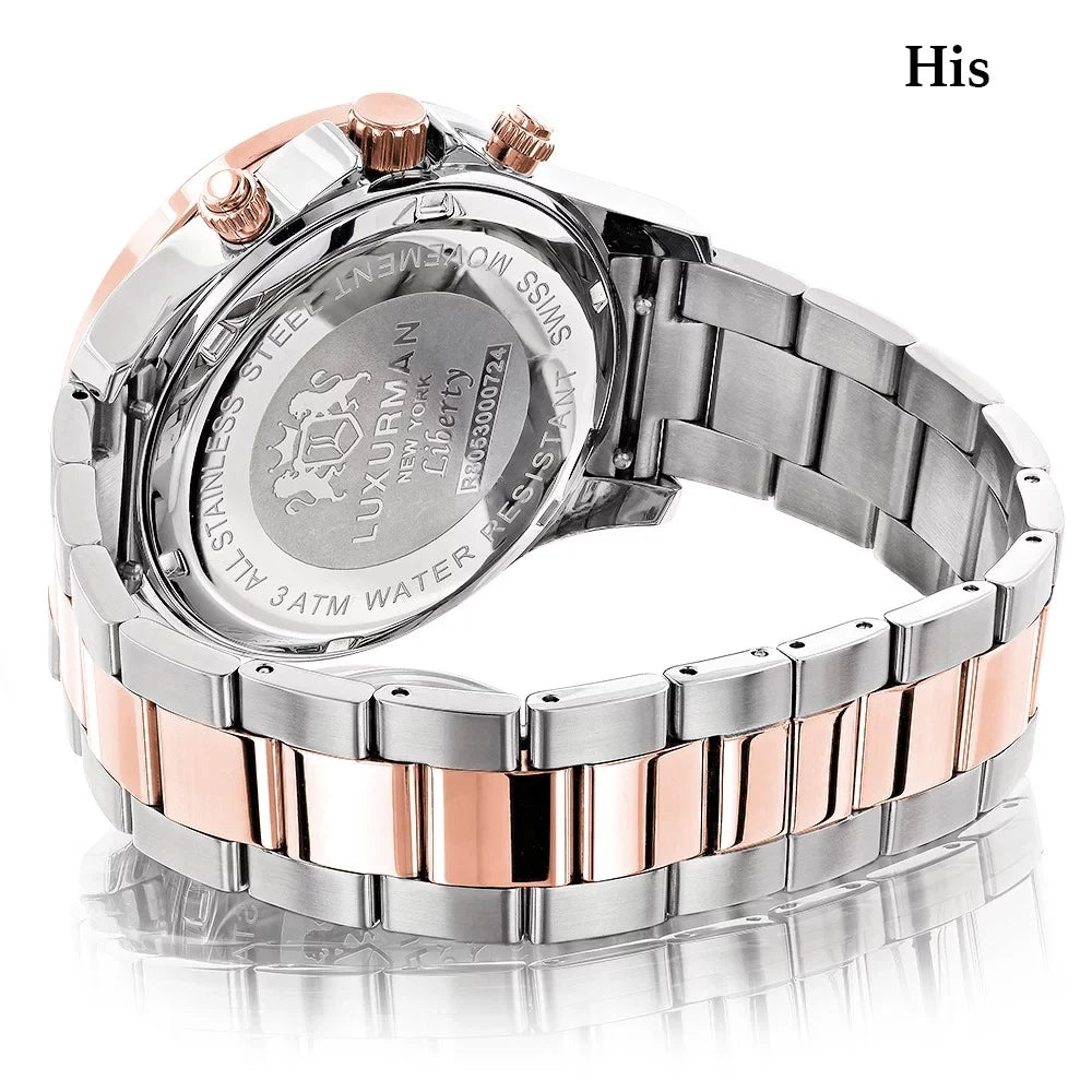 Matching His and Hers Watches: 18k White & Rose Gold Plated Diamond Watch Set Swiss Mvt 1.7ct