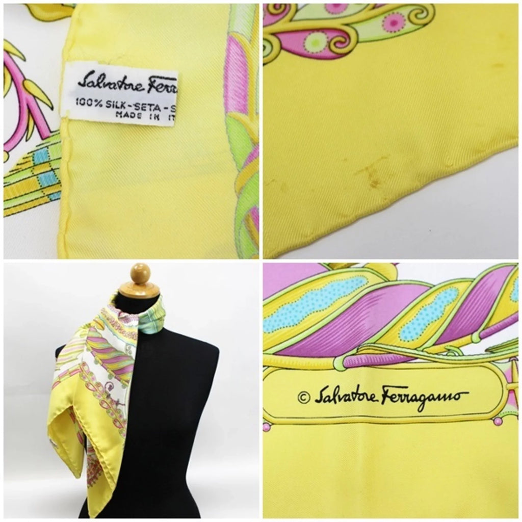 Pre-Owned Salvatore Ferragamo silk scarf tropical fish white x yellow SALVATORE FERRAGAMO ladies (Good)