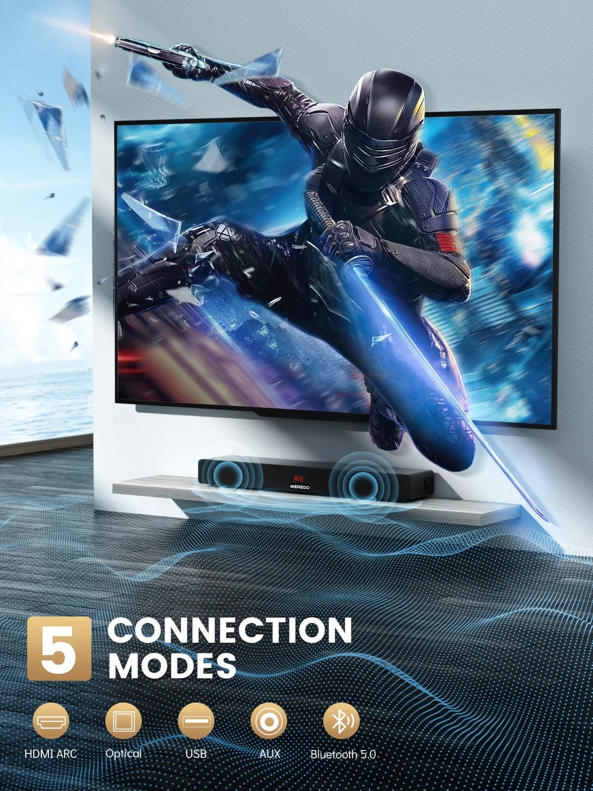 Sound Bar 28Inch Meredo Sound Bar for TV Built-in Subwoofer Wooden 150W Includes HDMI Cable Bass/Treble Adjustable 5 EQ Modes HDMI Arc/Optical/Aux/Bluetooth/USB