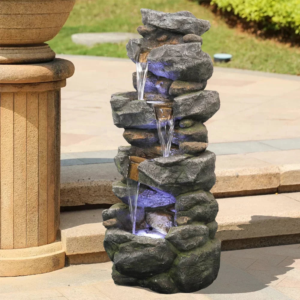 Kmowoo 40inches High Stacked Simulated Rock Water Fountain with LED Lights