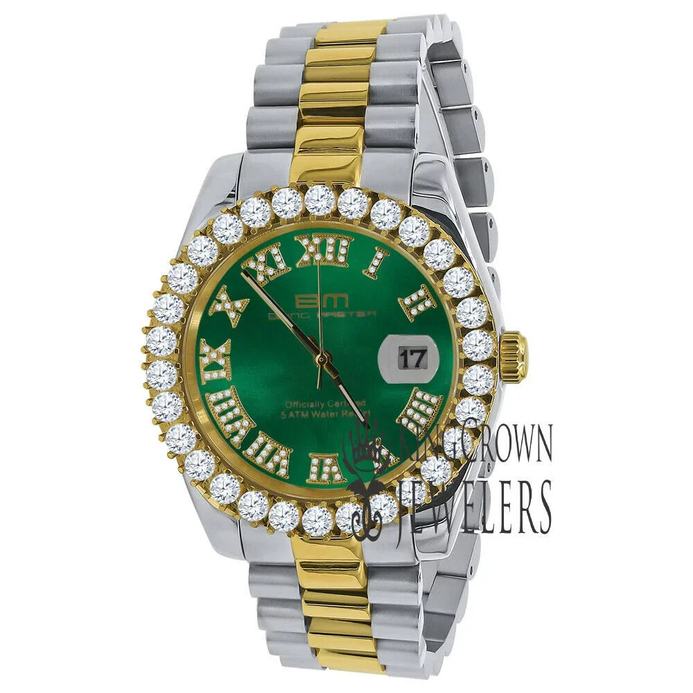 Mens Roman Numbers Face Green Dial Full Stainless Steel 18k 2 Tone Gold Diamond Watch 42mm
