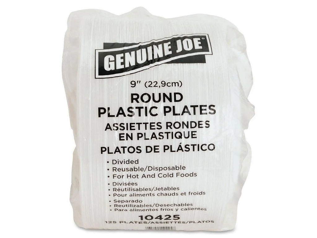 Genuine Joe 3-section Round Plastic Plates, 9", 125 Pack, GJO10425