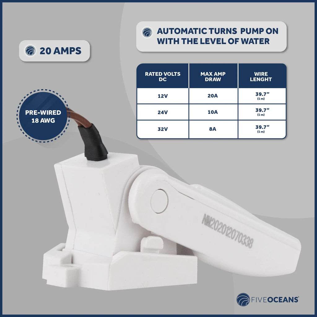 Five Oceans 2000 GPH / 7571 LPH Automatic Bilge Pump Kit, 12-Volts, 1-1/8-Inch (29mm) Inside Diameter Hose, with Heavy-Duty Float Switch - FO3616-C2