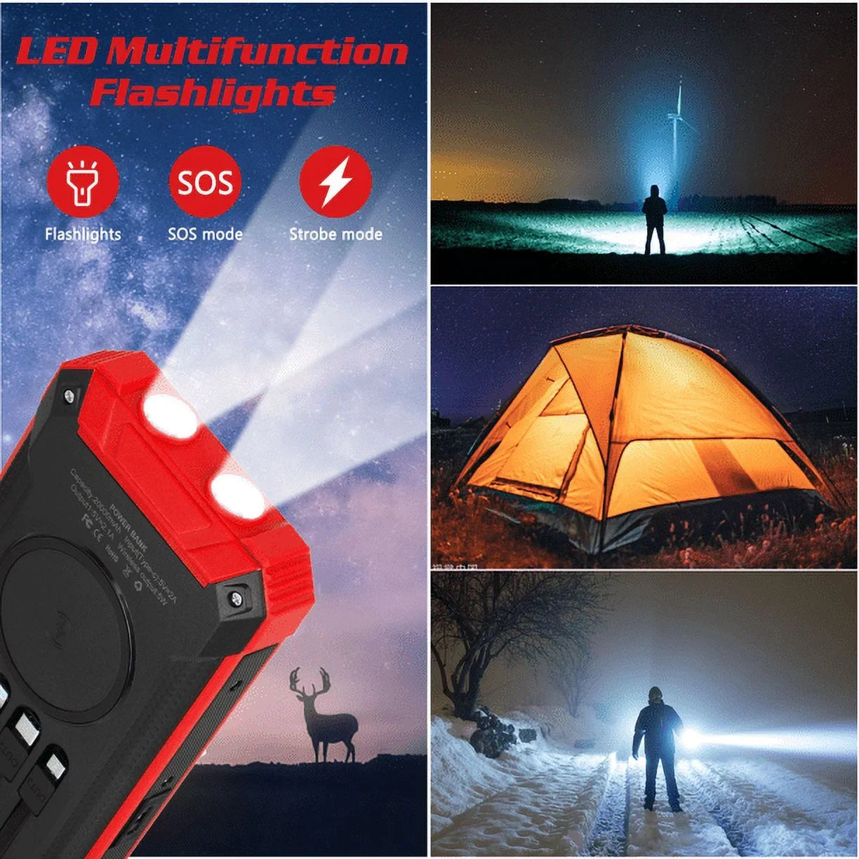 Solar Power Bank 20000mAh Built-in 4 Cables Qi Wireless Charger For Ulefone Armor 9 with LED Flashlight Solar Portable External Battery IPX4 Waterproof 15W 5V/3A USB C Port 6 Outputs 3 Inputs