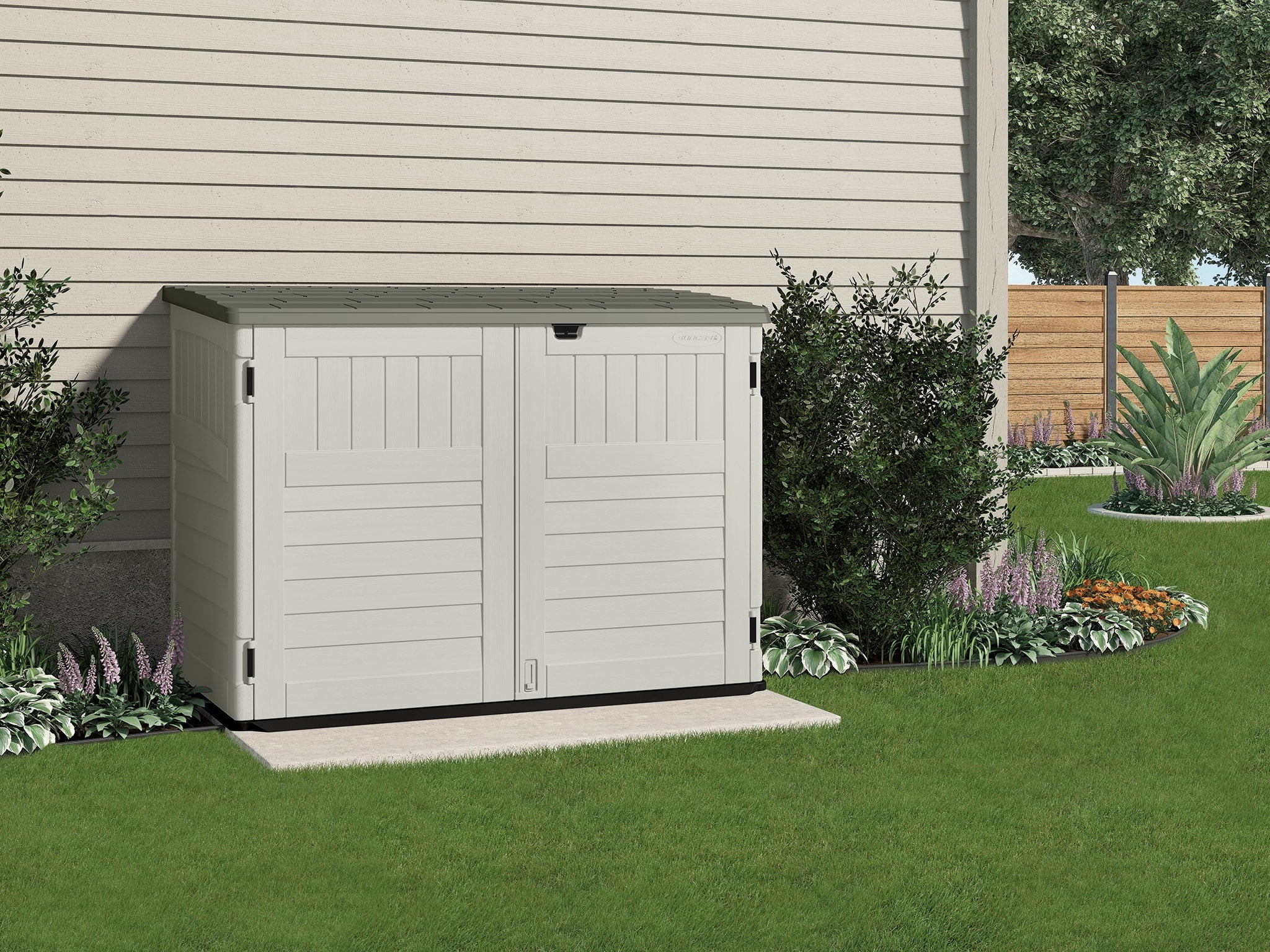 Suncast Plastic Storage Shed, Off-White and Gray, 44.25 in D x 52 in H x 70.5 in W