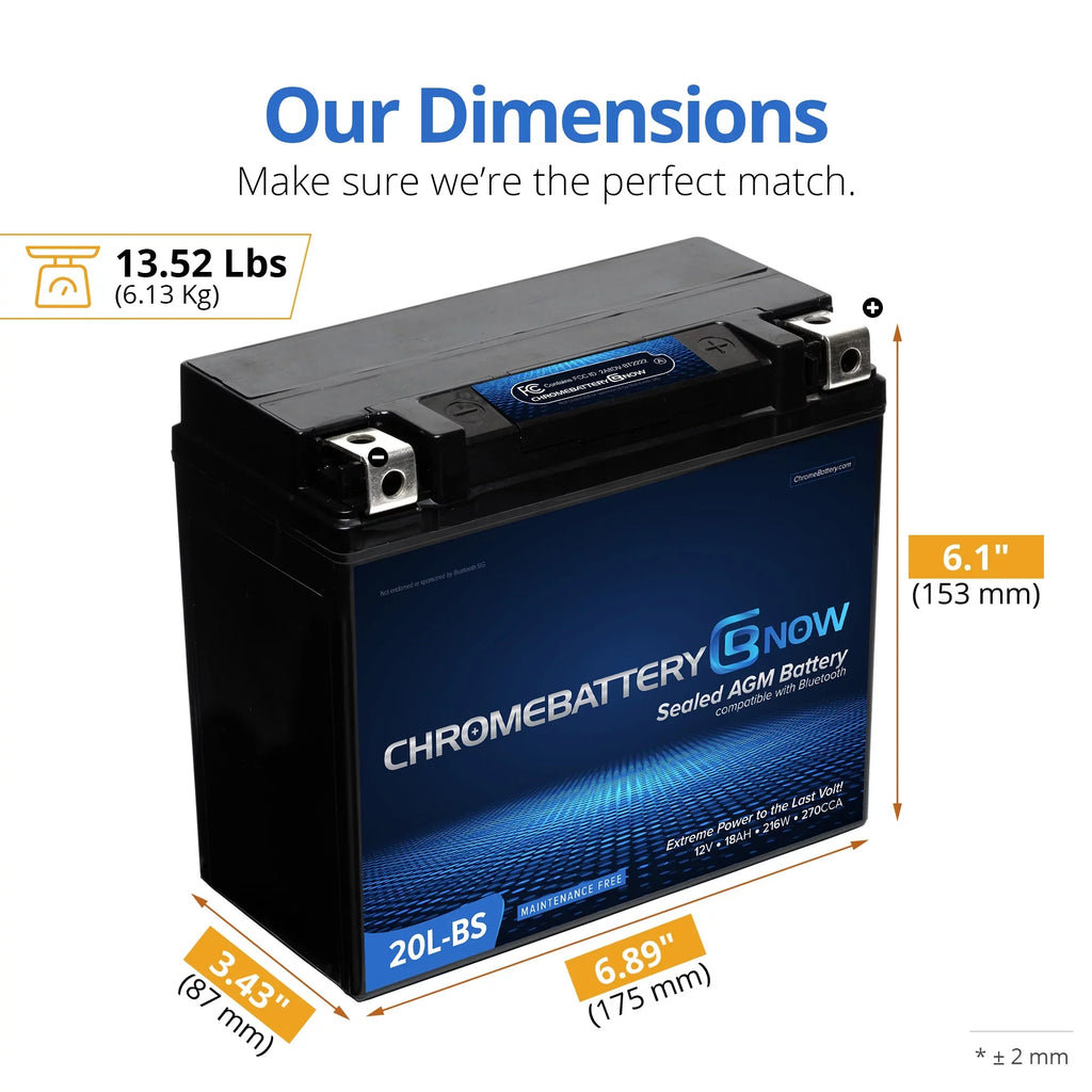 Chrome Battery Now Ytx20l-bs (20l-bs 12 Volt,18 Ah, 270 Cca) ligent Wireless Smartphone Connectivity AGM Battery for Personal Watercraft - Brp (sea-doo) 1500 All Models Years (1988 - 1993)