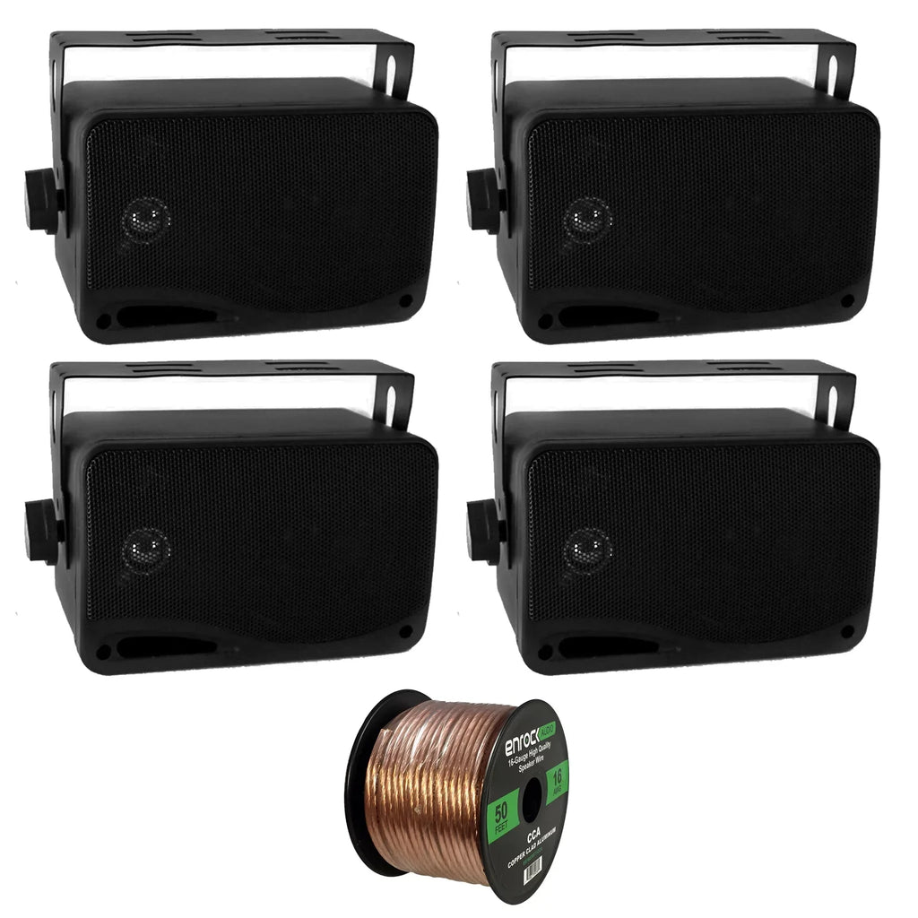 4 x New Pyle PLMR24 3.5'' 200 Watt 3-Way Environment Proof Marine Mini Box Speaker System (Black), and Enrock Audio 16-Gauge 50 Foot Speaker Wire