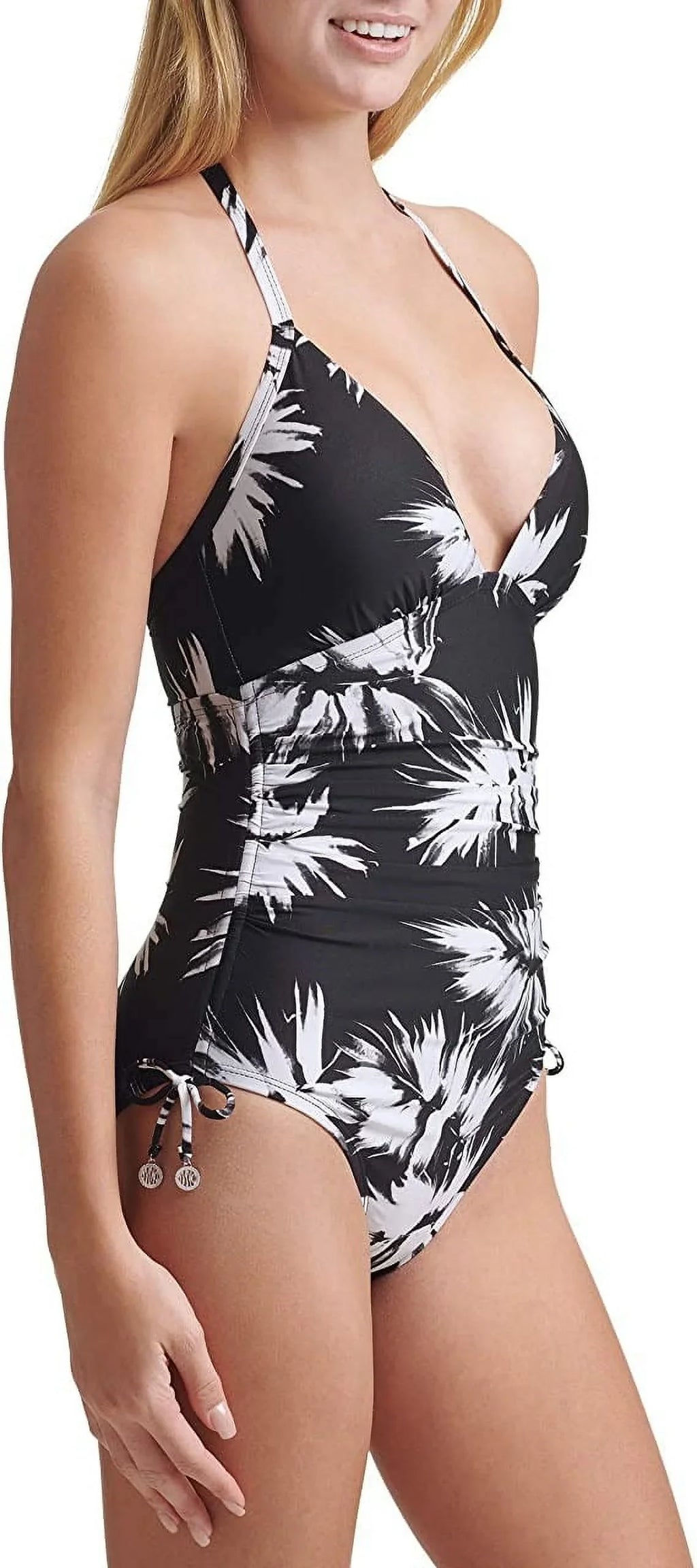 DKNY BLACK WHITE Leaf Print Halterneck One-Piece Swimsuit, US 4
