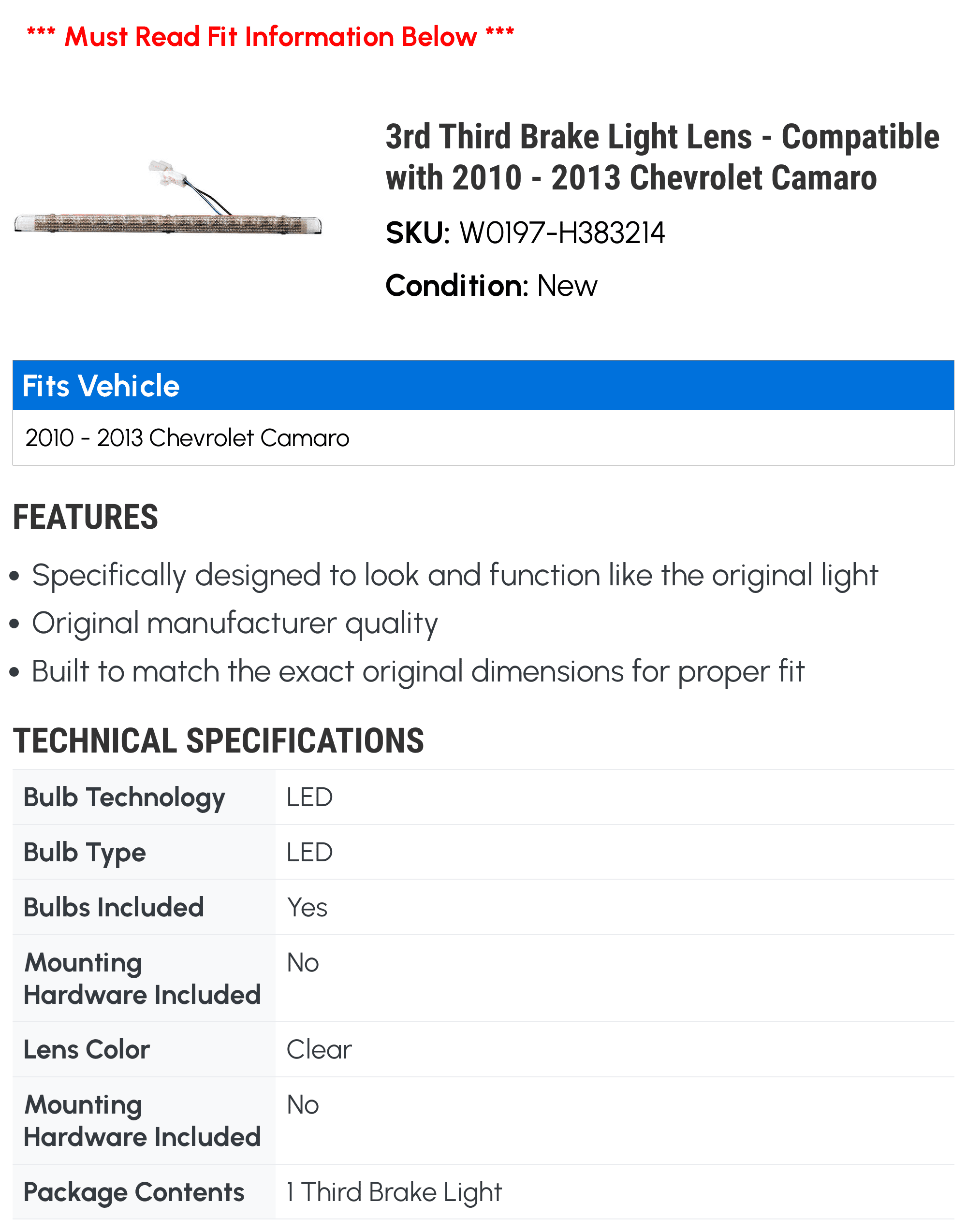 3rd Third Brake Light Lens - Matching with 2010 - 2013 Chevy Camaro 2011 2012