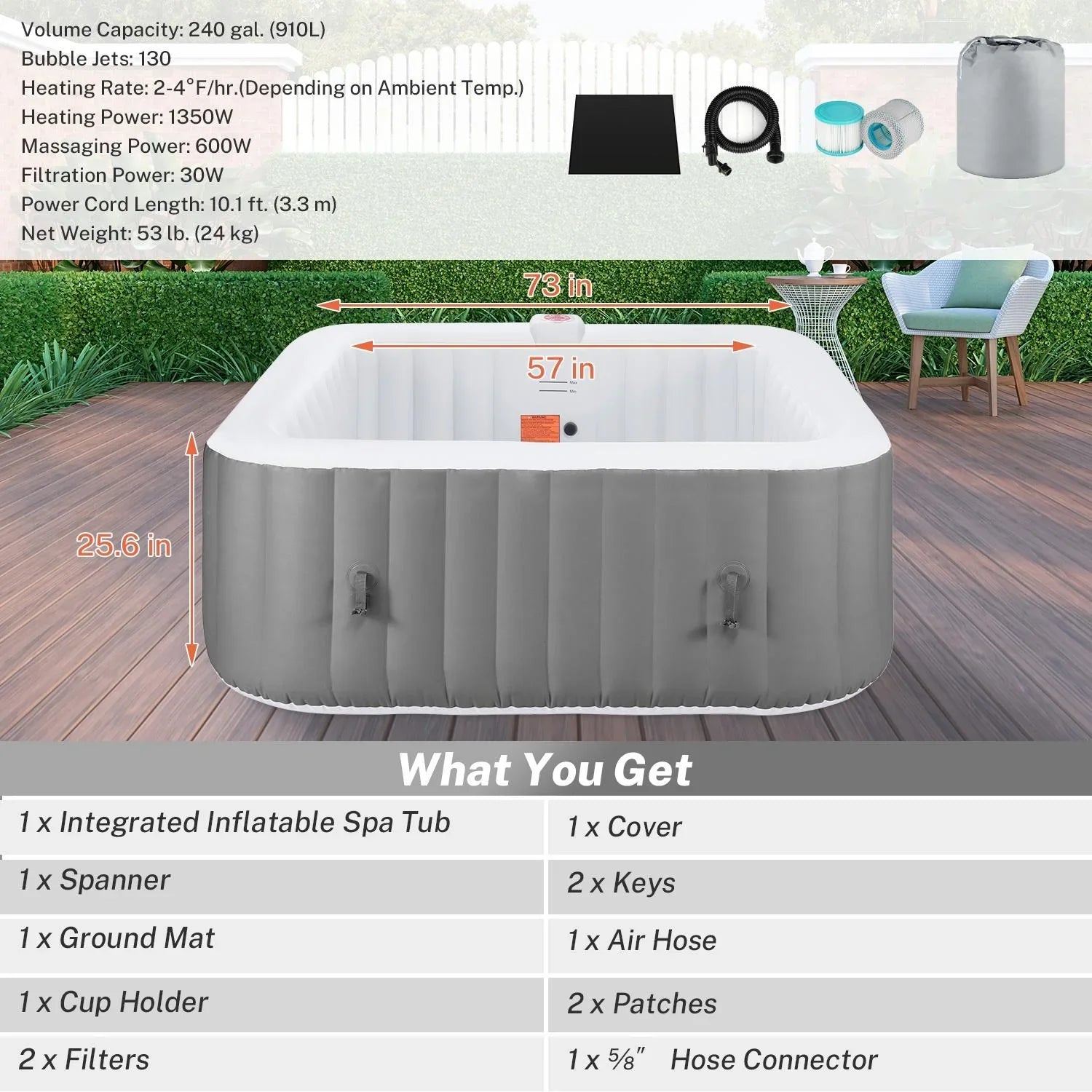73''Inflatable Hot Tub, Outdoor Hot Tub for 6 Person Indoor Home Spa with Hidden Machine, 130 Massage Jets, Lockable Shield Storage Bag, Mat, Max 104℉, 910L Capacity