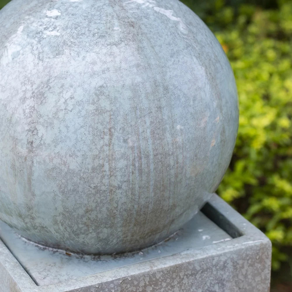 CoSoTower 13X13X44" Tall Contemporary Sphere Outdoor Water Fountain, Cement/Concrete Outdoor Fountain, Antique Blue Raindrop Water Feature with Light for Garden, Lawn, Deck & Patio
