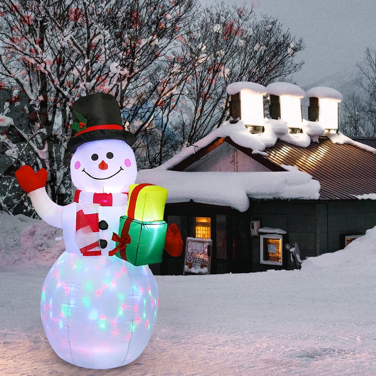 5FT Christmas Inflatables Snowman Shaped LED Rotating Colored Lights Blow Up Xmas Inflatable Props With Fixed Stakes Tethers for Outdoor Garden Yard Party Decoration