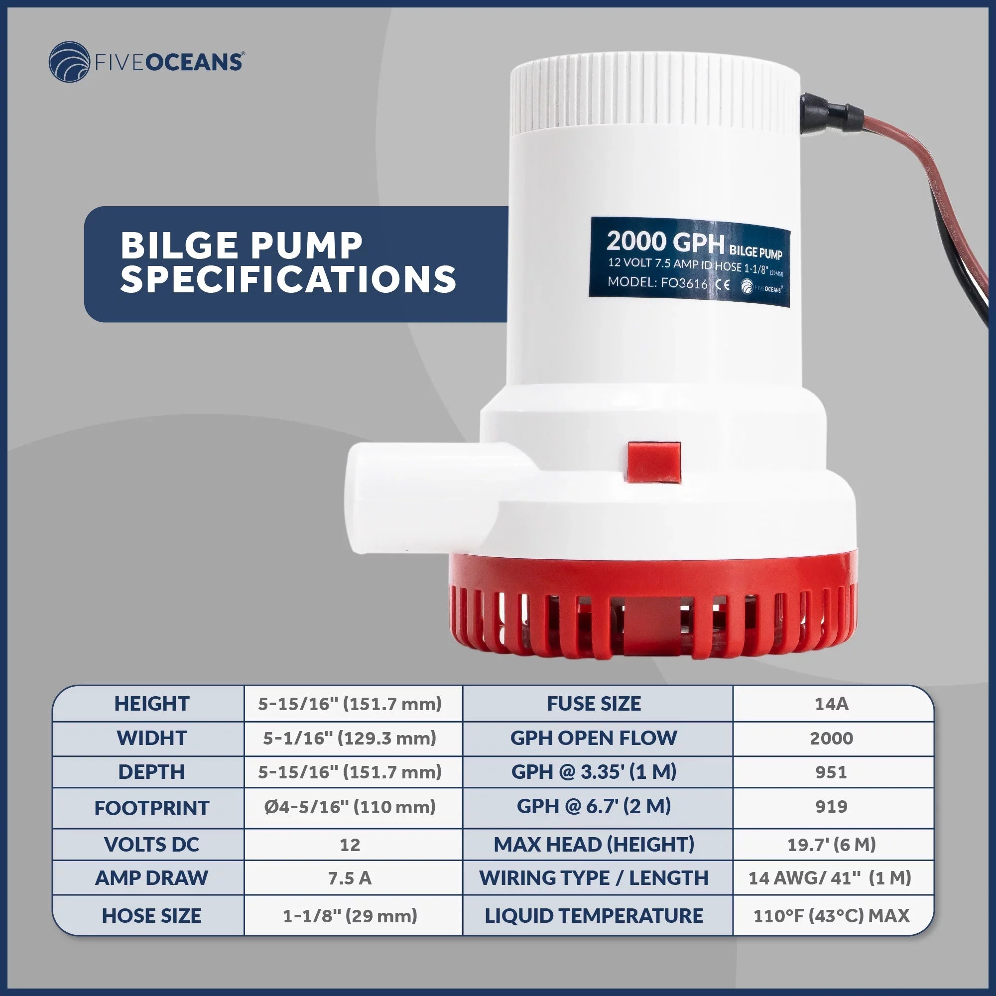 Five Oceans 2000 GPH / 7571 LPH Automatic Bilge Pump Kit, 12-Volts, 1-1/8-Inch (29mm) Inside Diameter Hose, with Heavy-Duty Float Switch - FO3616-C2