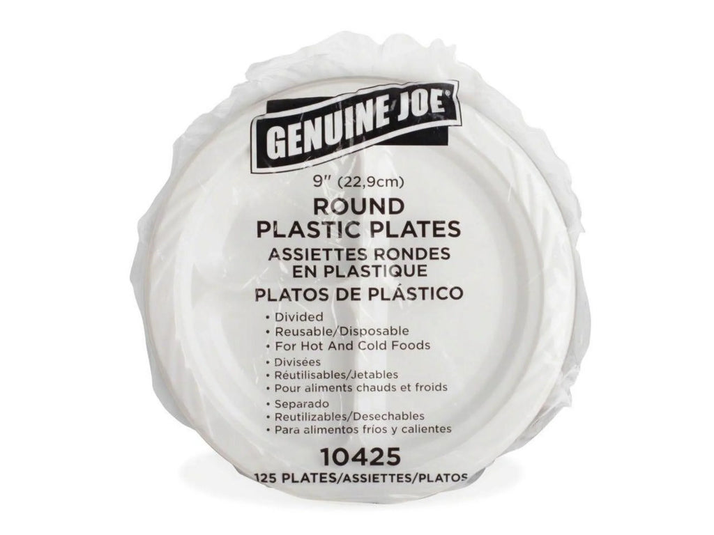 Genuine Joe 3-section Round Plastic Plates, 9", 125 Pack, GJO10425