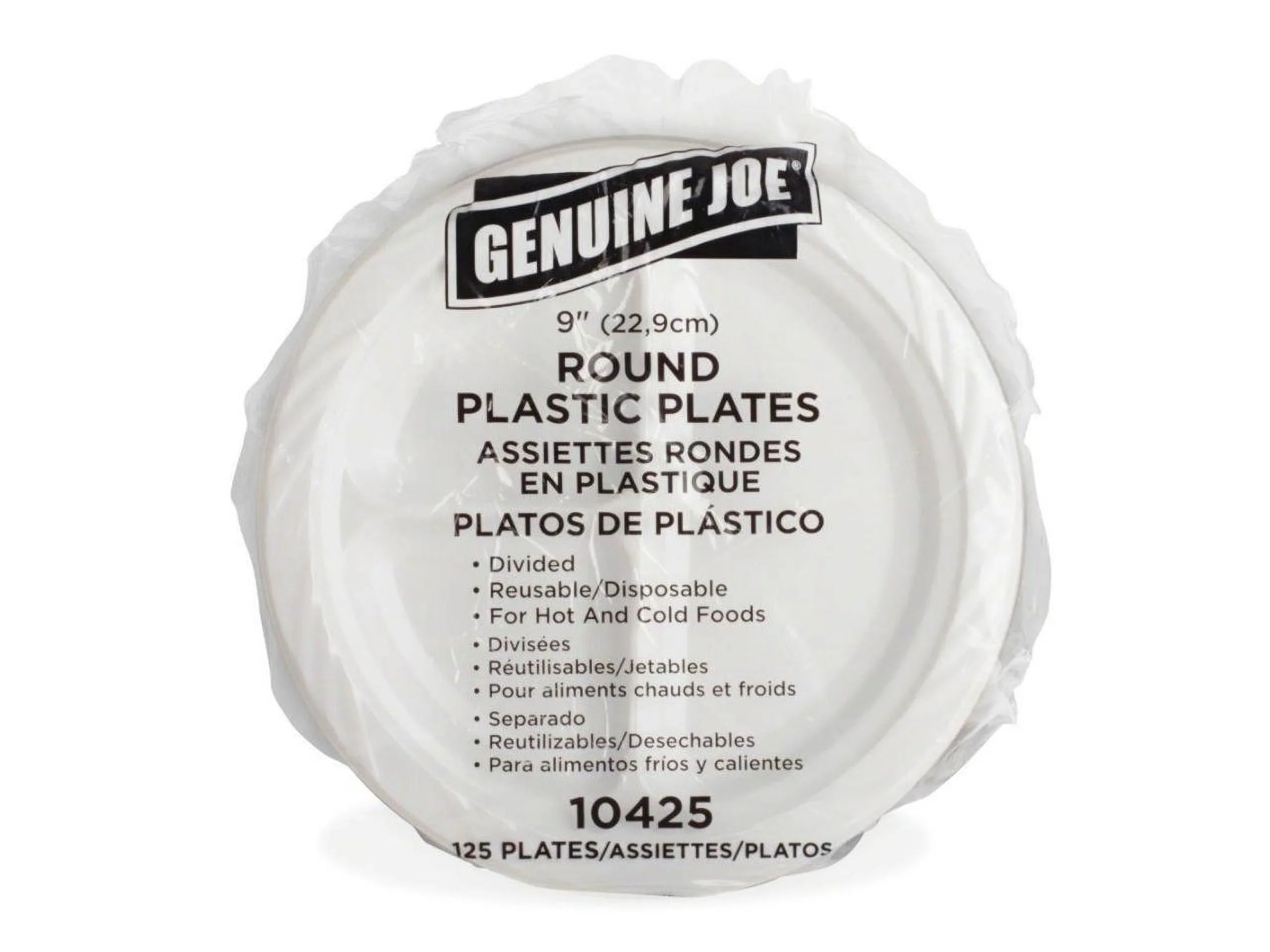 Genuine Joe 3-section Round Plastic Plates, 9", 125 Pack, GJO10425