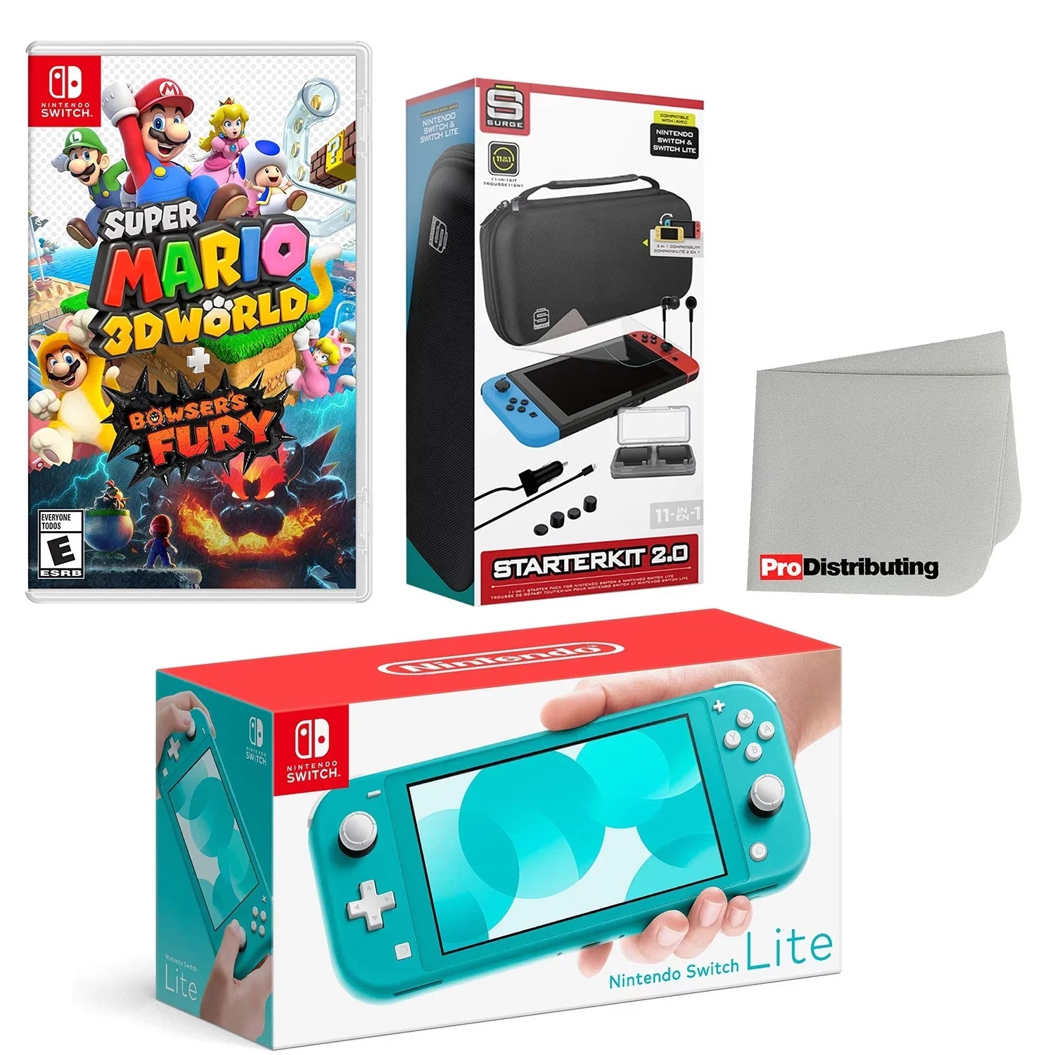 Nintendo Switch Lite Console Turquoise with Super Mario 3D World + Bowser’s Fury, Accessory Starter Kit and Screen Cleaning Cloth Bundle - Import with US Plug