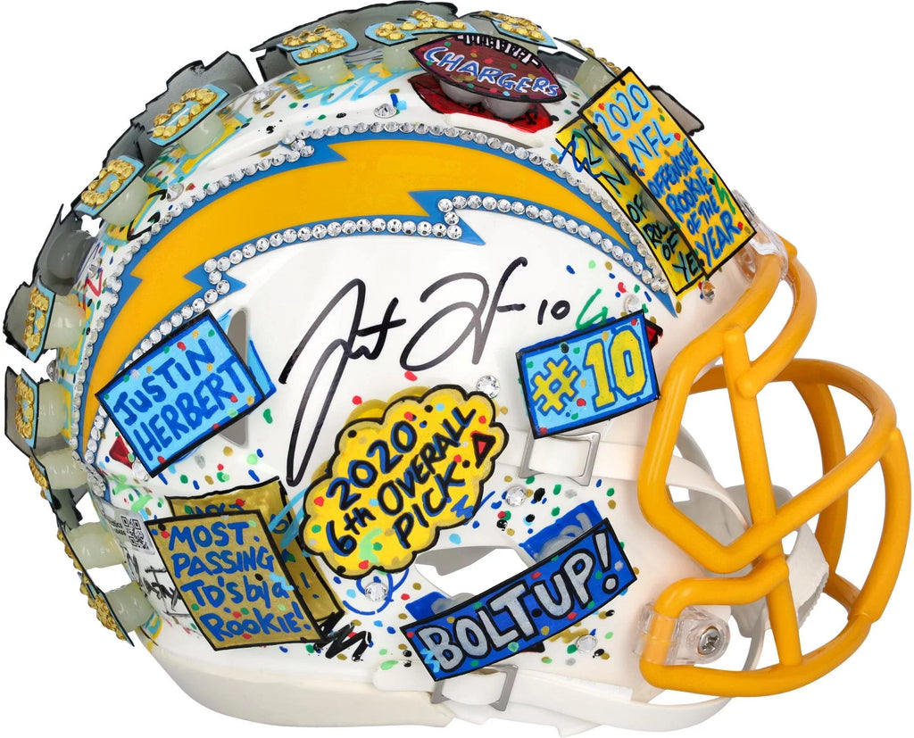 Justin Herbert Los Angeles Chargers Autographed Speed Mini Helmet - Hand Painted by Artist Charles Fazzino - B410486 - Fanatics Authentic Certified
