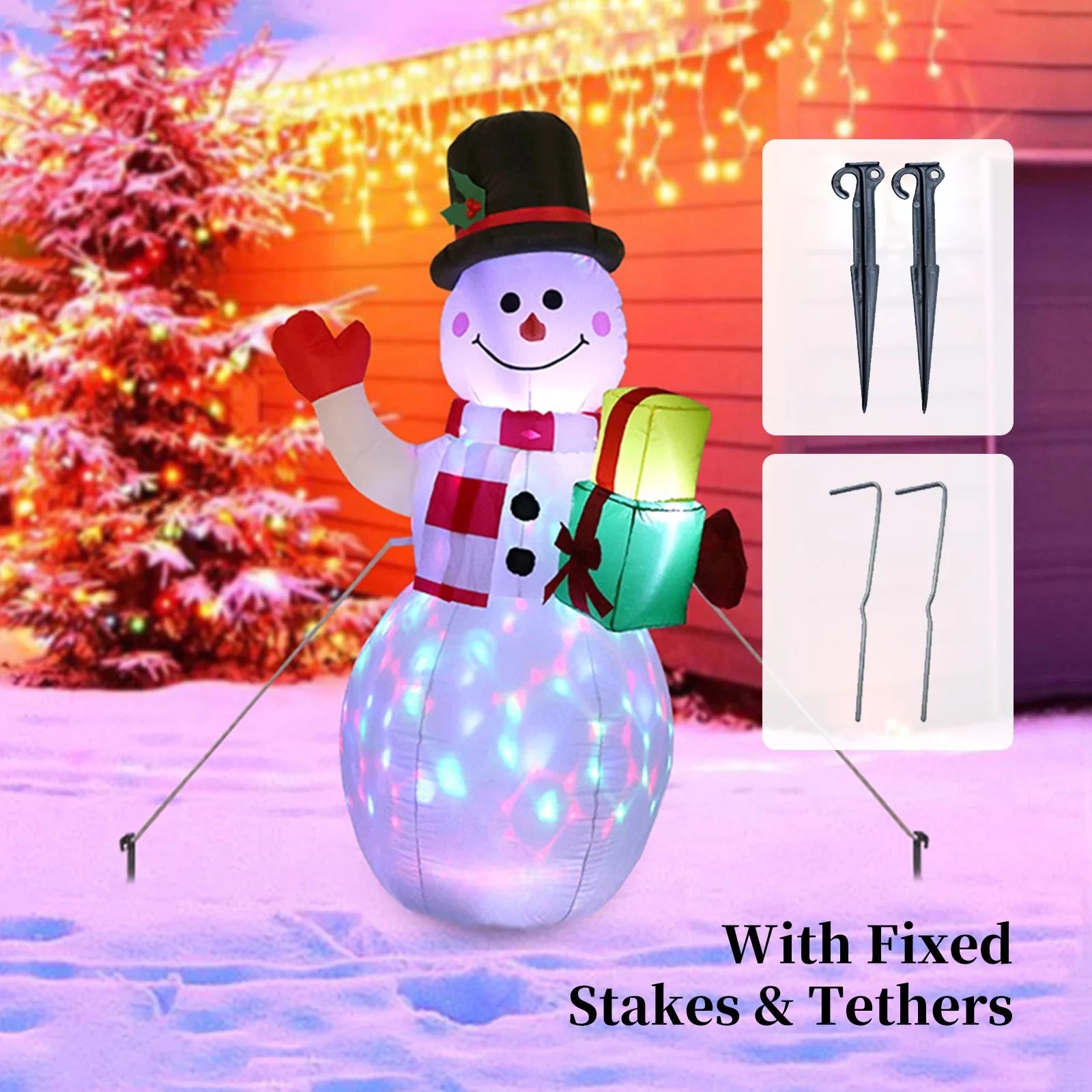 5FT Christmas Inflatables Snowman Shaped LED Rotating Colored Lights Blow Up Xmas Inflatable Props With Fixed Stakes Tethers for Outdoor Garden Yard Party Decoration