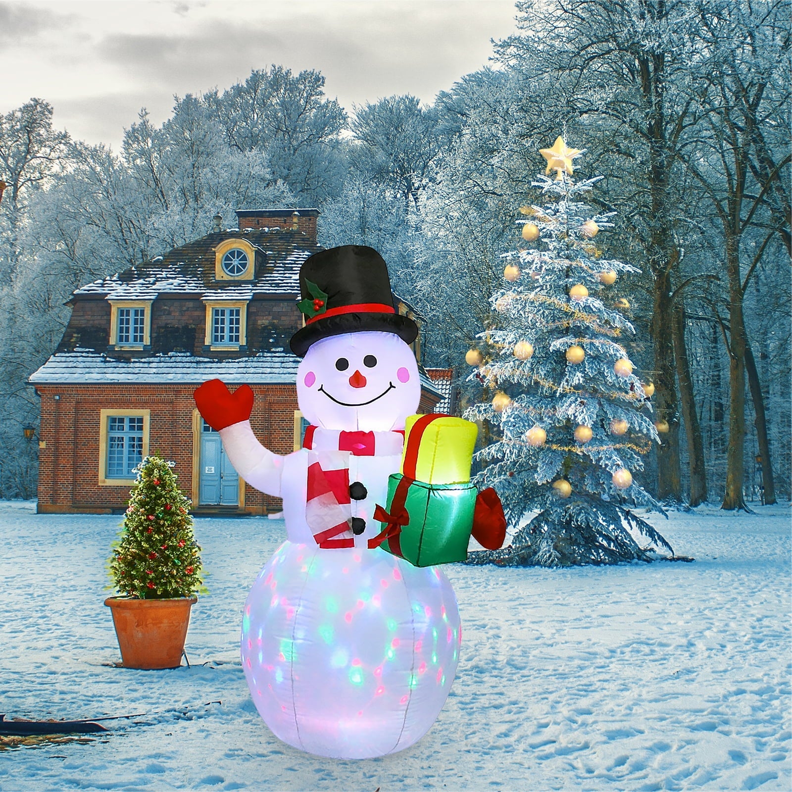 5FT Christmas Inflatables Snowman Shaped LED Rotating Colored Lights Blow Up Xmas Inflatable Props With Fixed Stakes Tethers for Outdoor Garden Yard Party Decoration