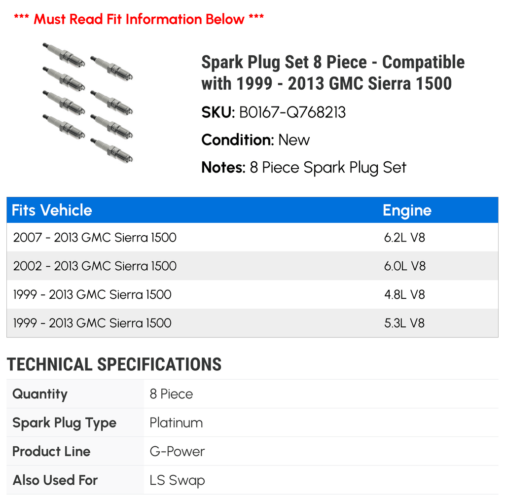 Spark Plug Set 8 Piece - Fitting with 1999 - 2013 GMC Sierra 1500 2000 2001 2002 2003 2004 2005 2006 2007 2008 2009 2010 2011 2012