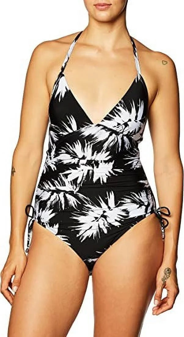 DKNY BLACK WHITE Leaf Print Halterneck One-Piece Swimsuit, US 4