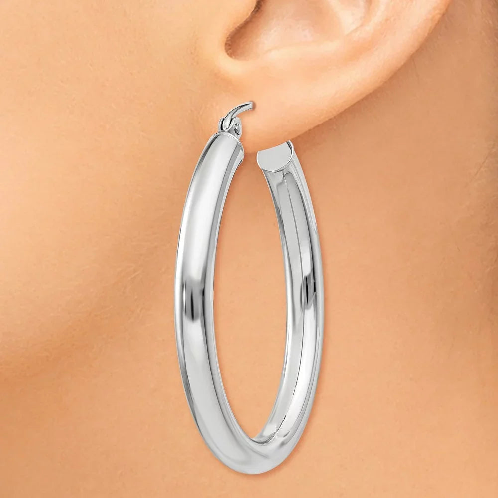 Real 14kt White Gold Polished 3.5mm Oval Tube Hoop Earrings; for Adults and Teens; for Women and Men